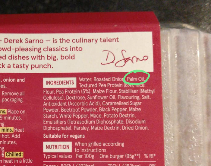 Palm oil in the ingredients for Plant Chef's burgers