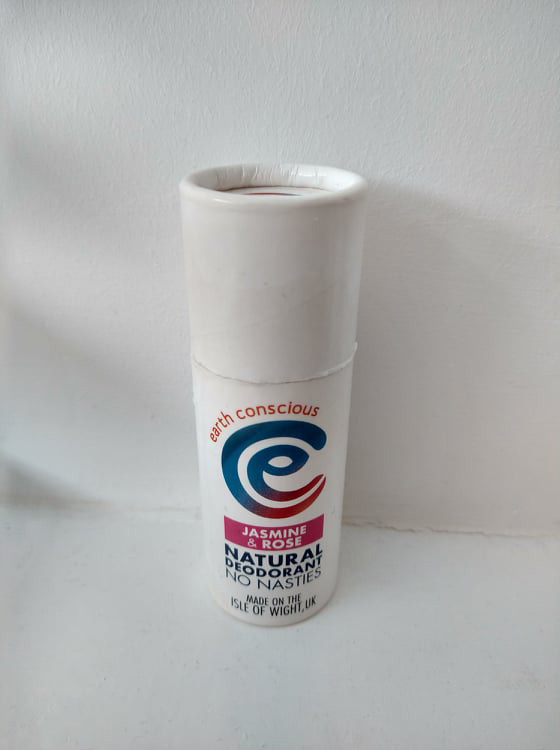 Earth Conscious Jasmine & Rose deodorant stick, white cardboard tube.