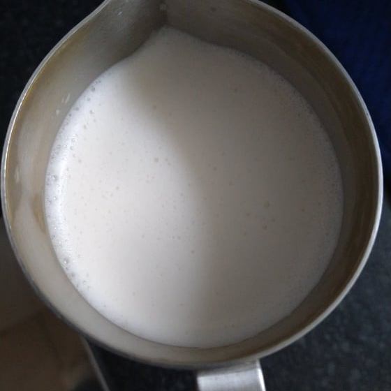 White oat milk in the frothing jug, nice and fluffy!