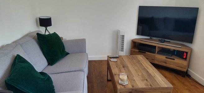 A clutter-free living room with a grey sofa, wood floor, and a corner TV unit with neat shelves.