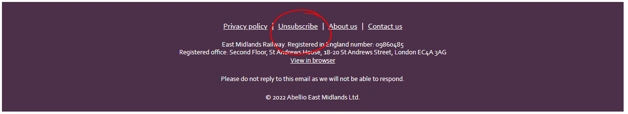 A screenshot of a purple East Midlands Railway email footer, with the option 'unsubscribe' circled with red pen.