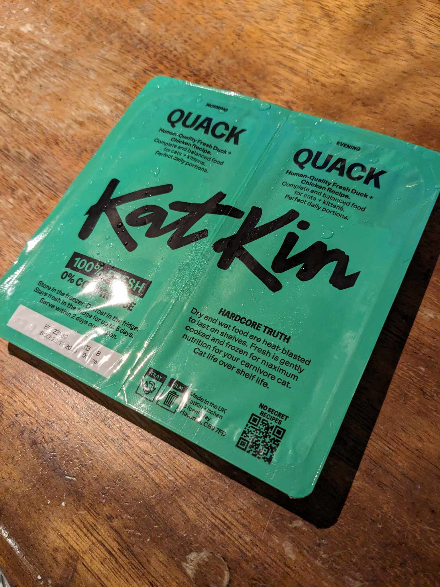 A pack of KatKin cat food called 'Quack'.