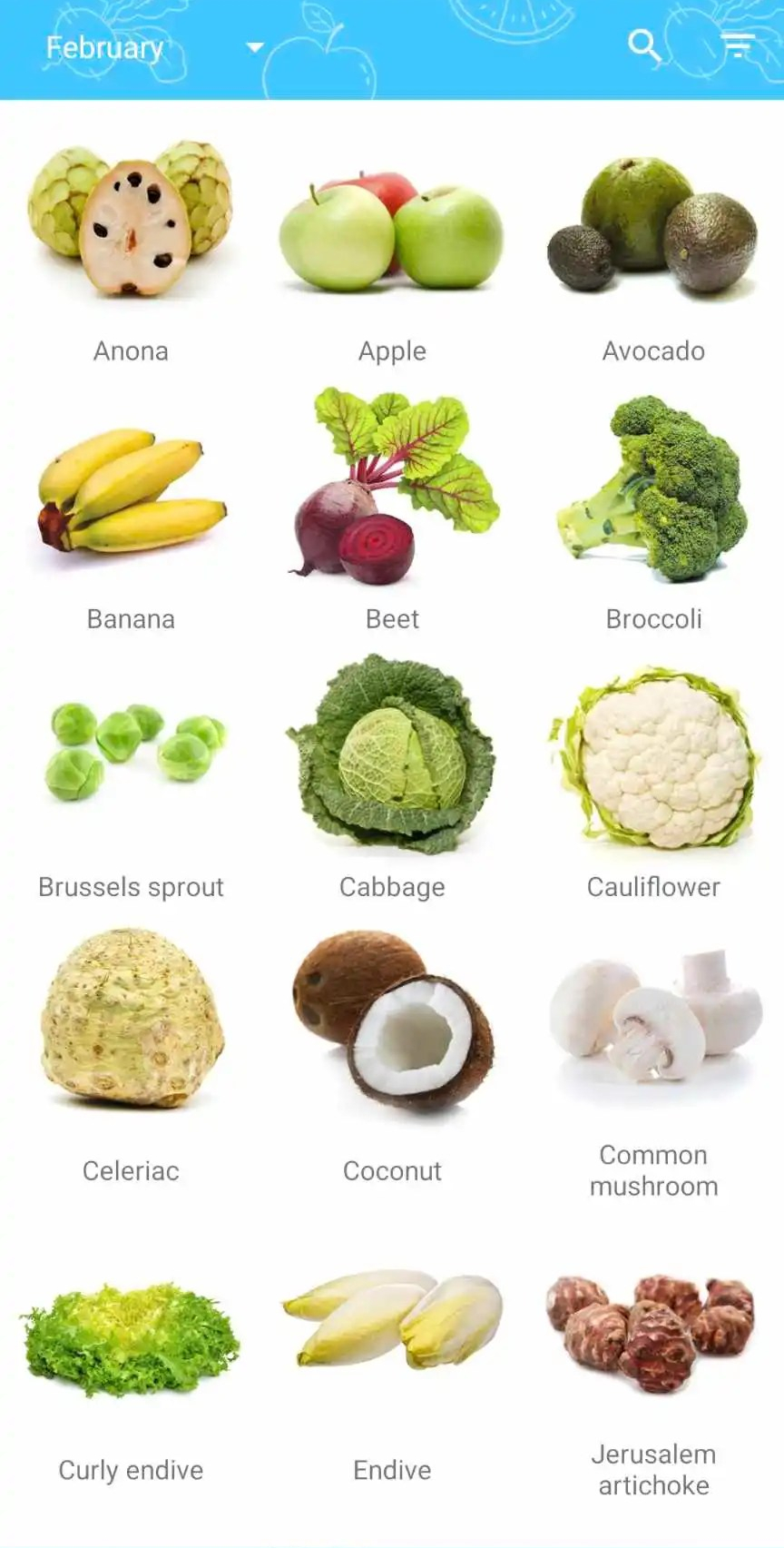 The Season app, showing photos of the fruit and veg that are in season in February.