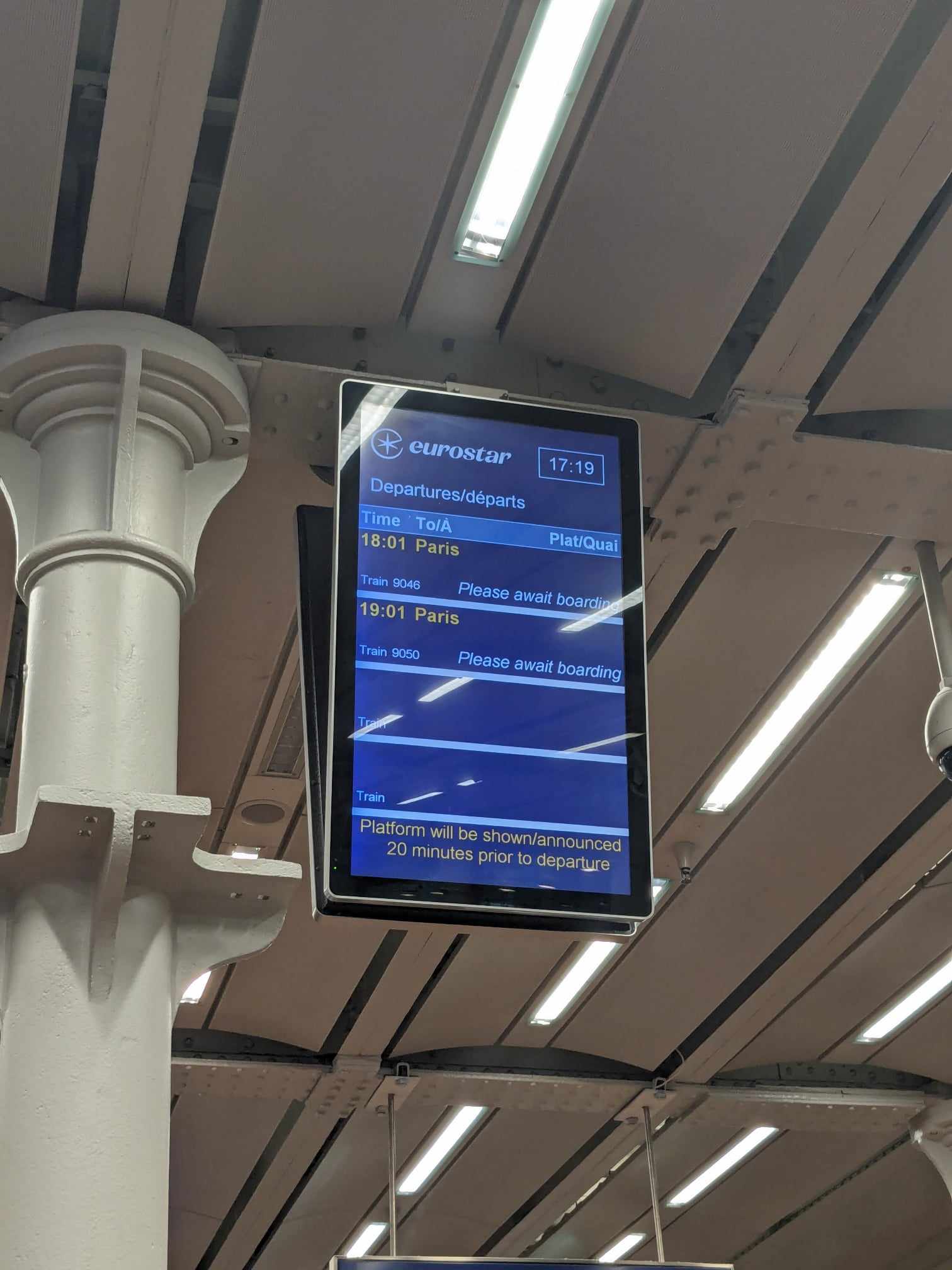 The Eurostar departure board in London St Pancras, showing the next two trains scheduled to leave for Paris.
