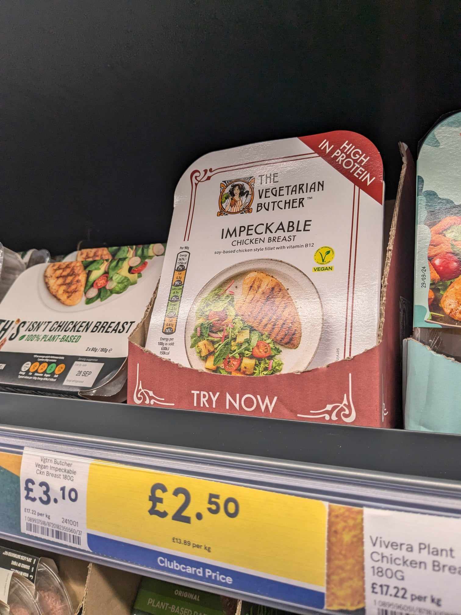A pack of The Vegetarian Butcher's Impeckable Chicken Breast on the shelf in Tesco.