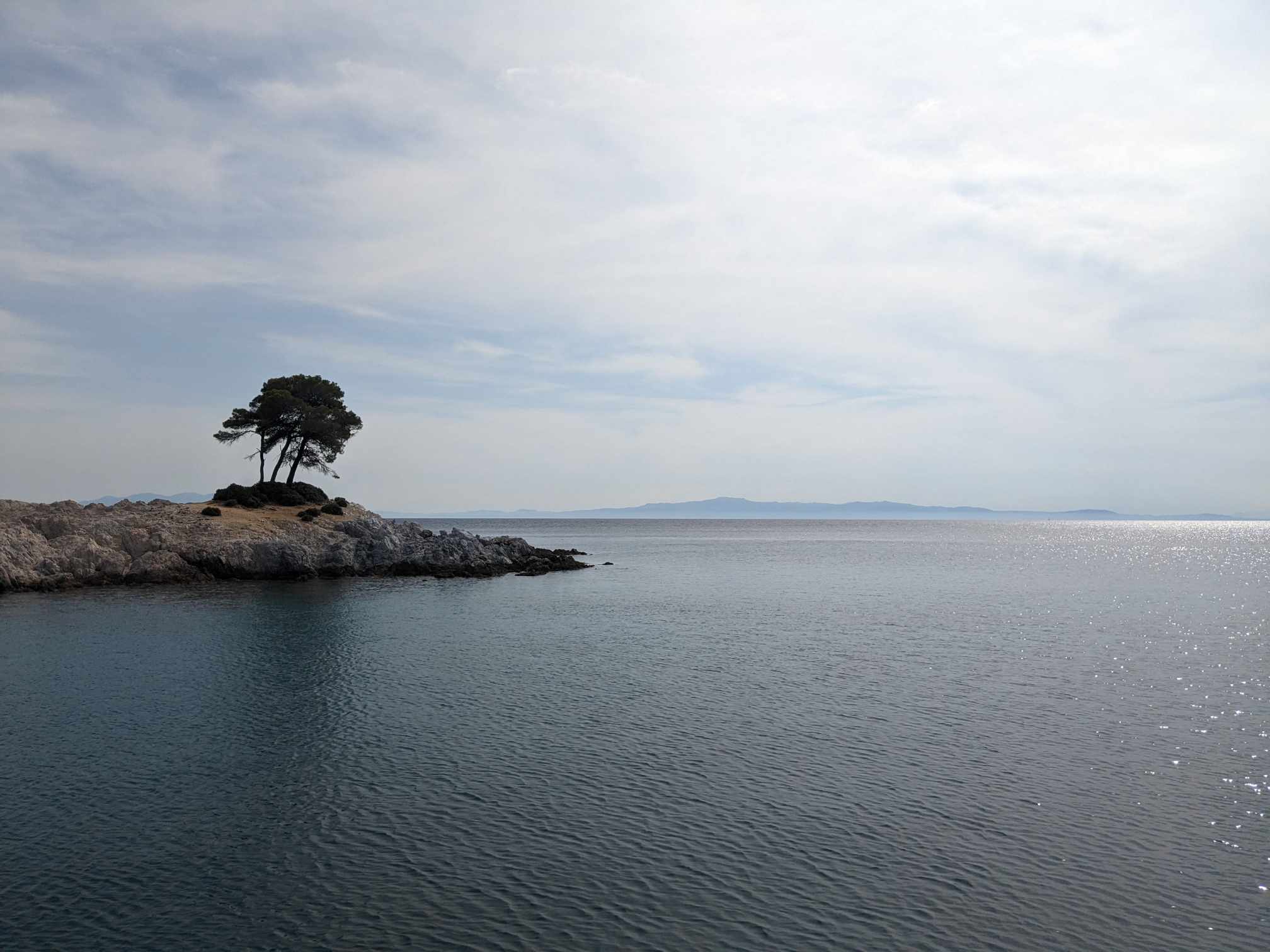 An island in Greece with a tree overlooking the ocean.