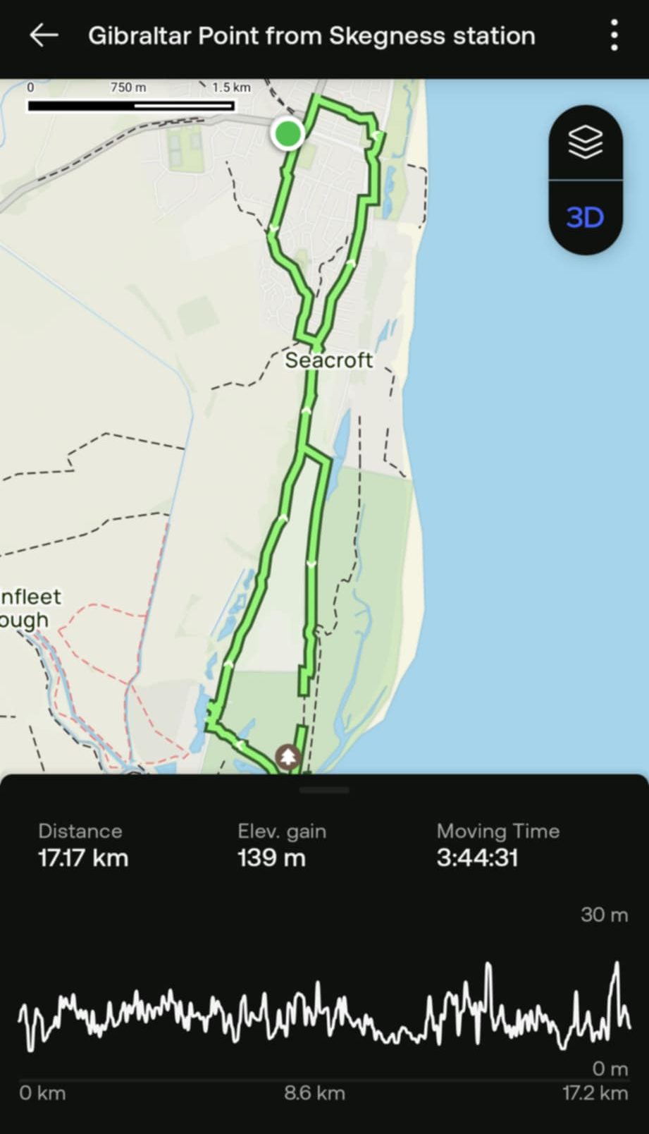 The AllTrails app, showing the route I took from Skegness station to Gibraltar Point, round the nature reserve, and back through Skegness.