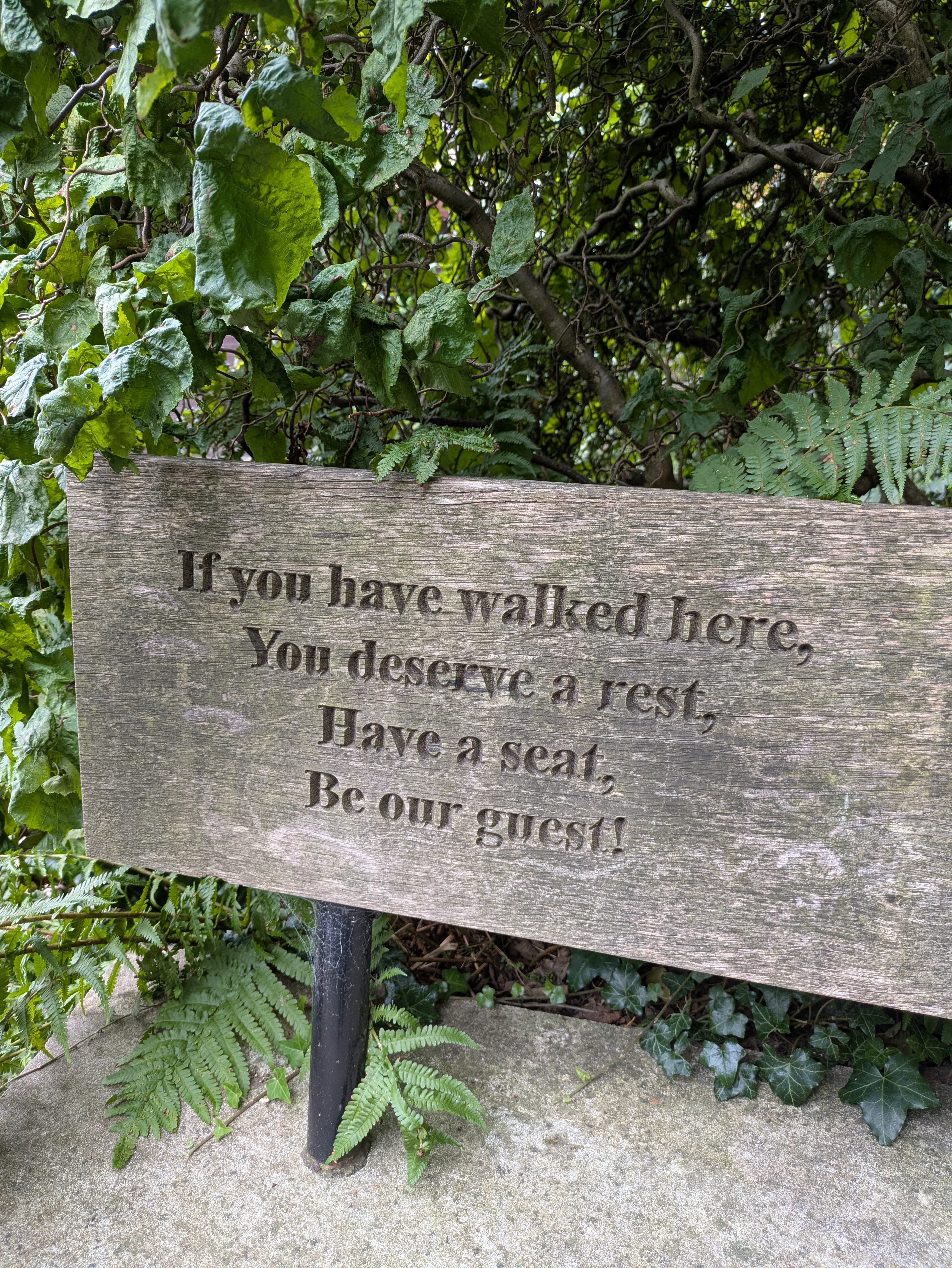 A bench with the carved words: "If you have walked here you deserve a rest. Have a seat, be our guest!"