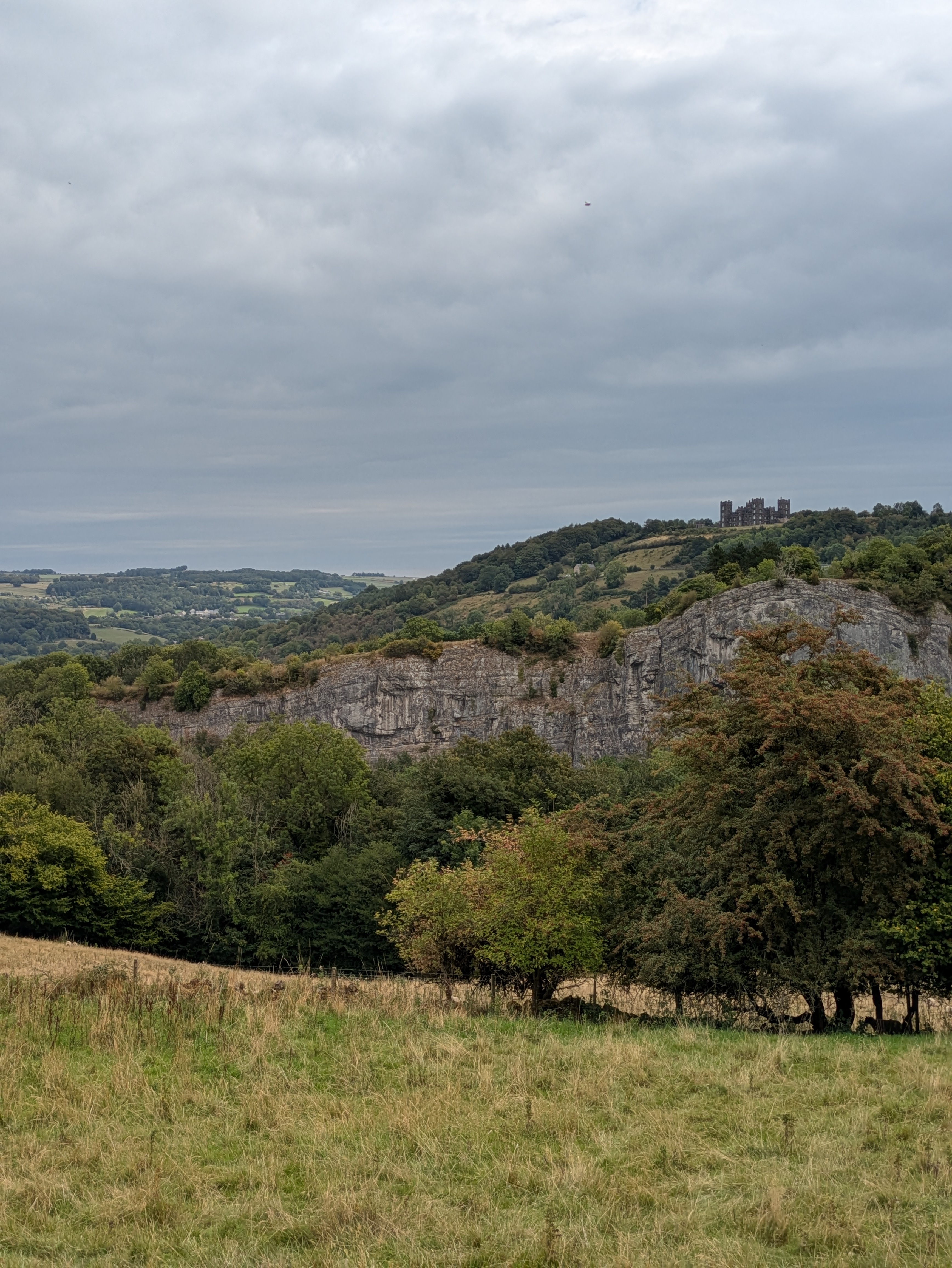 The view from outside the Heights of Abraham down into the valley, with Riber Castle stood proud on the other side.